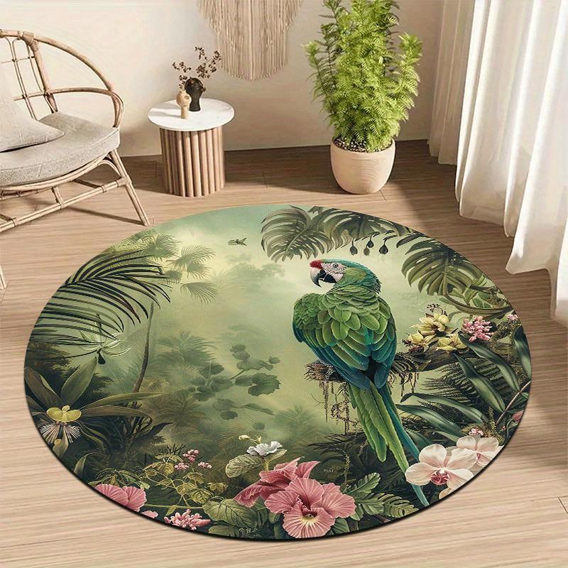 Tropical Parrot Round Rug with Lush Greenery Print Soft Flannel Carpet for Nature Enthusiasts Home Decor Floor Mat
