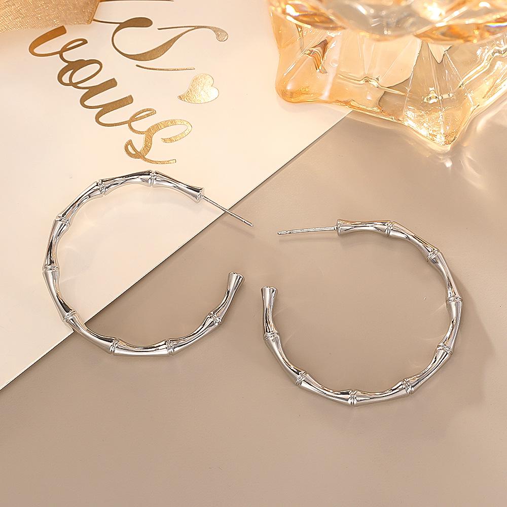Elegant Minimalist Bamboo Hoop Earrings - S925 Silver Needle, New Metal Style, Perfect for Summer