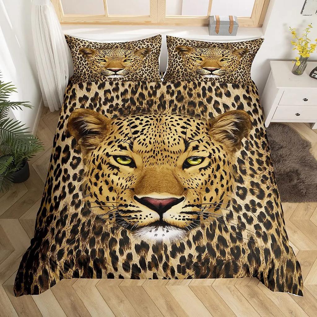 Leopard Comforter Cover Set King Fierce Cheetah Duvet Cover Safari Wild Animal Bed Cover Teens Bedroom Decor 2/3Pcs Bedding Set