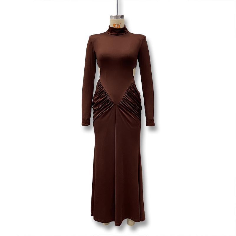 2025 Europäisch-Amerikanisches Herbstkleid für Damen mit hohem Kragen, Raffung am Rücken, rückenfrei, figurbetont