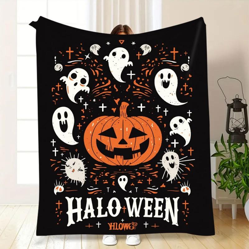 Soft Fleece Blanket With Halloween Digital Print Bed Sofa Nap Use Customizable Cartoon Geometric