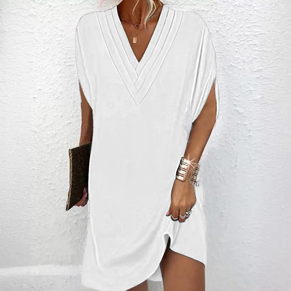 2024 V-Neck Pleated Bat Sleeve Dress for Women - Spring/Summer Collection