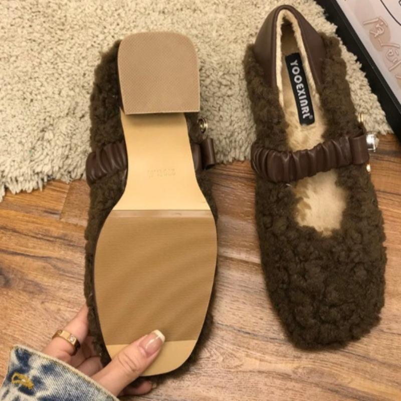 Women's Thick Heel Cotton Shoes Winter New Square Head Shallow Mouth Suede Crystal Buckle Non-slip Low-top Shoes