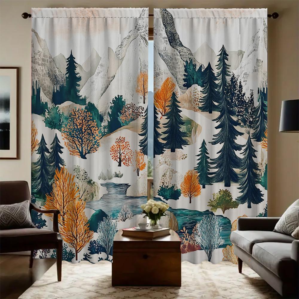 2PC Home Nostalgic geometric leaves Curtains With Landscape Background And Pole Pocket Curtains, Kitchen, Coffee Shop