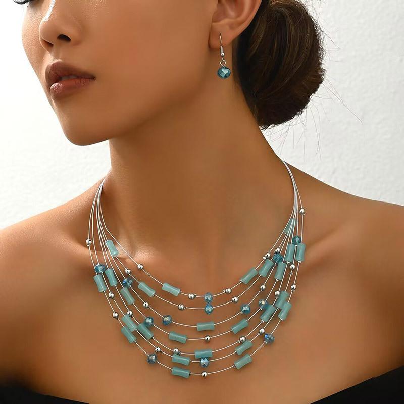 Ethnic Boho Multilayer Crystal Beads Necklace Earrings for Women Bohemian Jewelry Set Party Wedding Statement Choker Collar