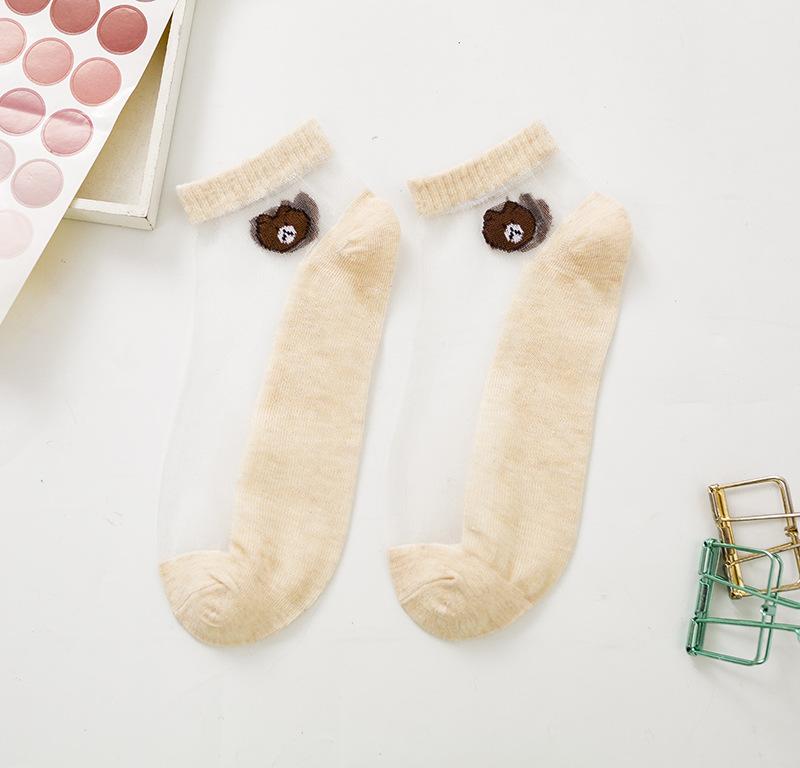 5 /10 Pairs Women Socks Summer Cartoon Socks Bear Colorful No Show Socks Soft Silk Thin Transparent Kawaii Girls Female Ankle Socks