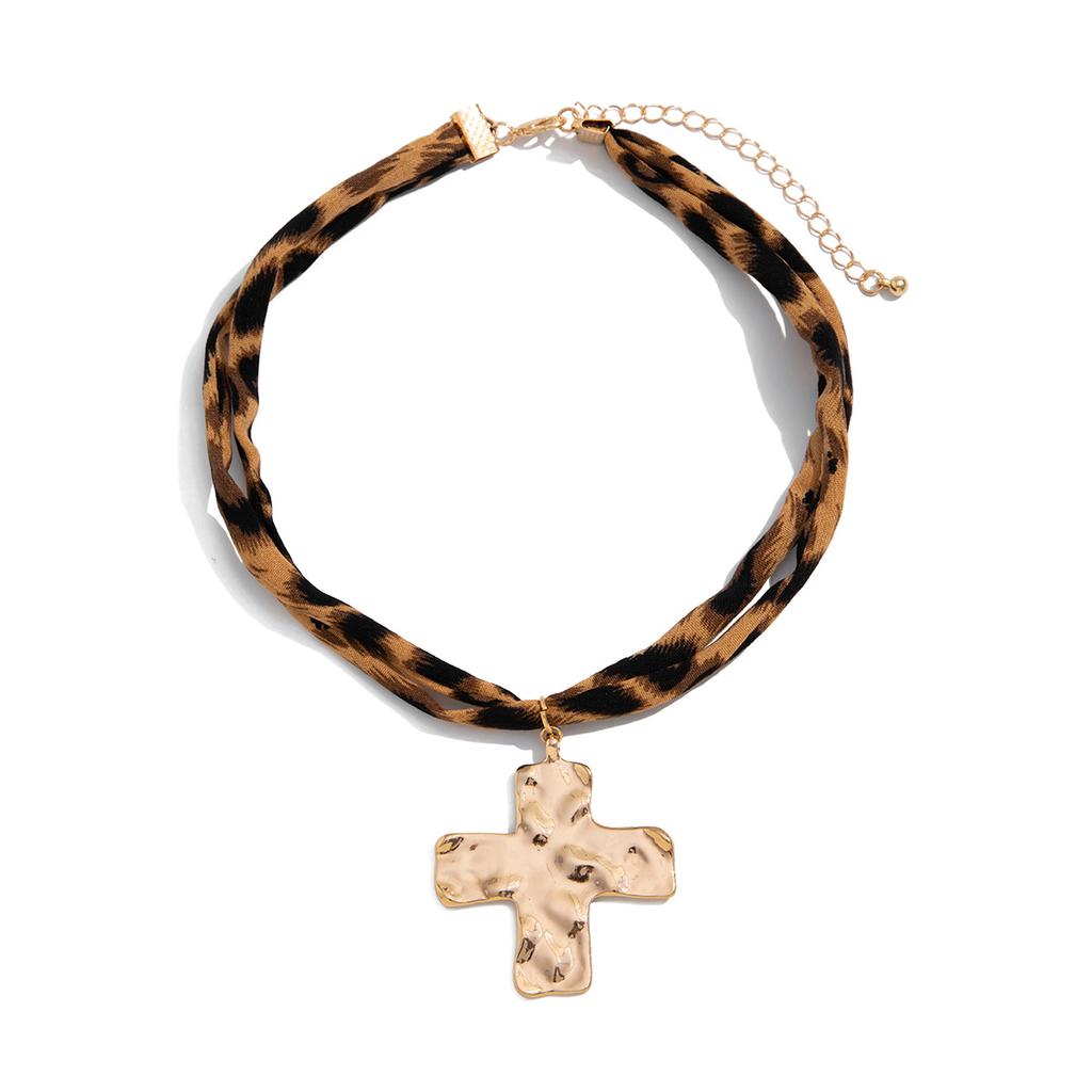 Heart Pendant Necklace for Women Vintage Leopard Polyester Cloth Chain Statement Jewelry Gift