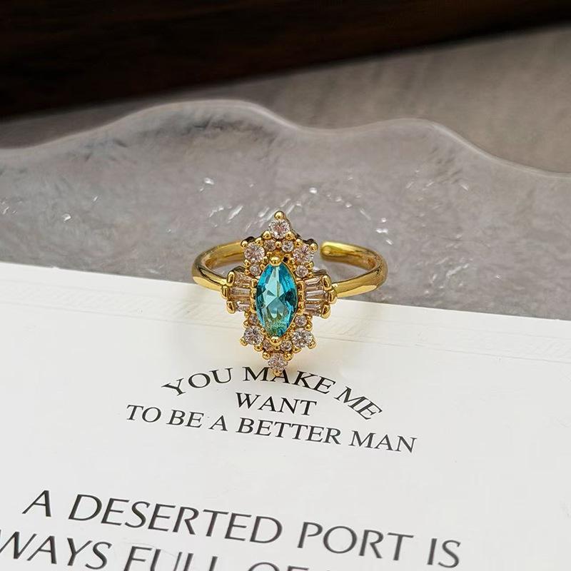 Medieval Vintage French Colored Treasure Zircon Light Luxury High-End Open Ring Niche Design Ring Woman