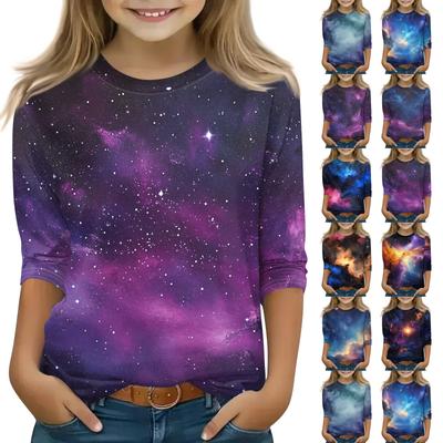 Print Tops For Youth Girls 5-16 Years Round Neck 3/4 Sleeves T-Shirts Trendy Tops Outfit Tees
