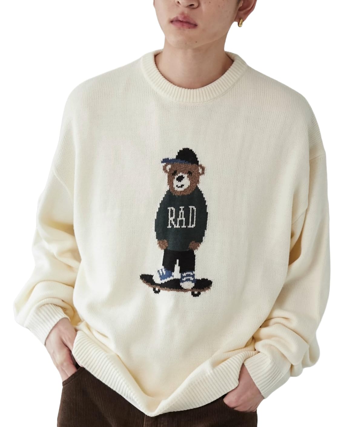 

WEGO Animal Jacquard Knit Pullover Loose Men s Sweater, Unisex, Spring/Autumn/Winter, Fit, Casual, Large, Gift, White/Ivory