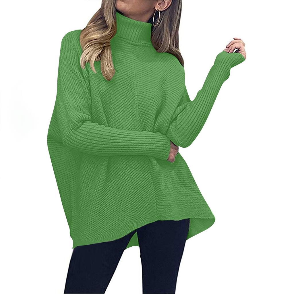 Damen-Pullover, lockerer, einfarbiger, unregelmäßiger Saum, Stehkragen, langärmliger Strickpullover