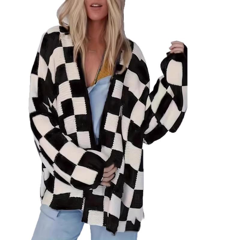 2025 Autumn/Winter New European & American Plaid Knit Oversized Women's Cardigan Sweater