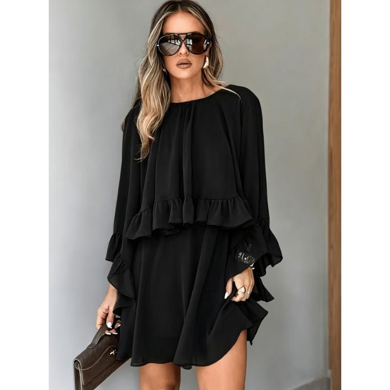 Womens Loose Ruffled Long Sleeve A Line Dress Casual