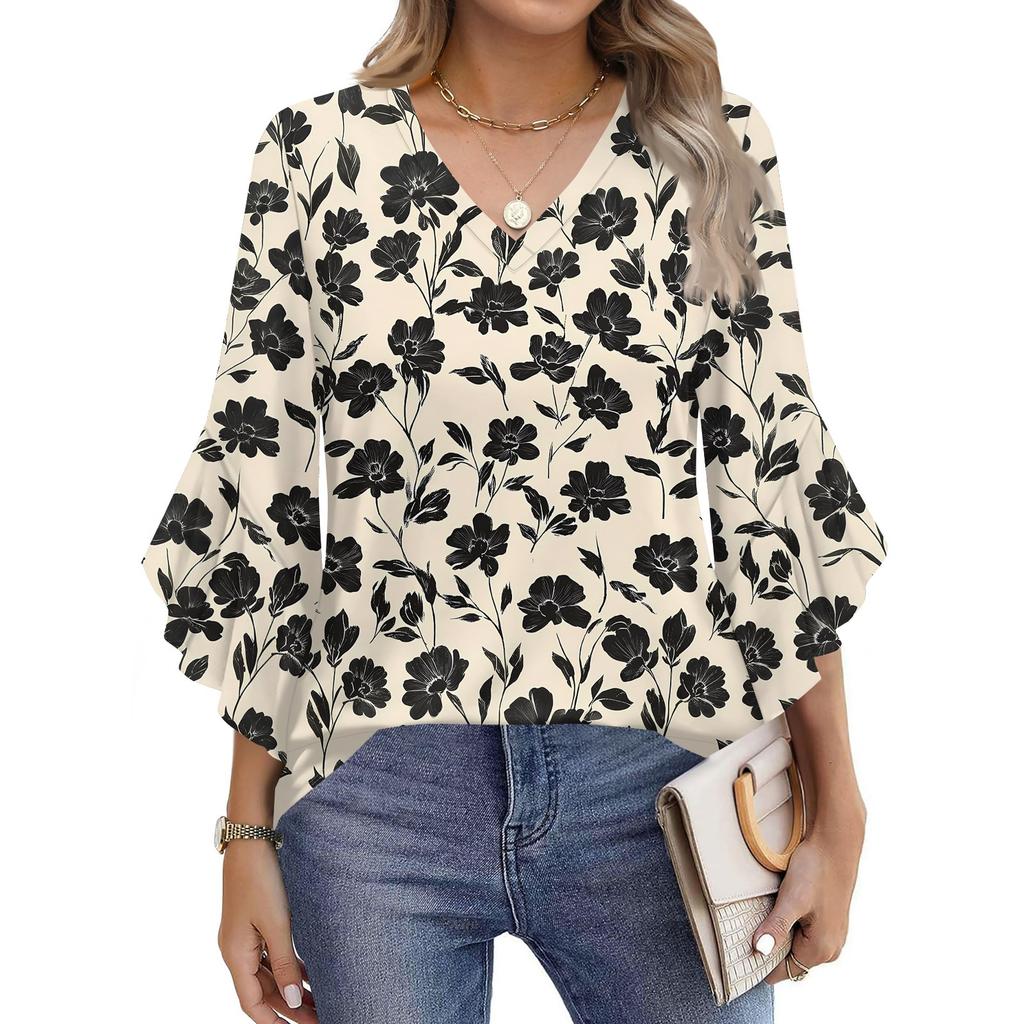 Blouses For Women Dressy Casual 3/4 Length Sleeve Womens Tops V Neck Tshirts Shirts With Flared Sleeve