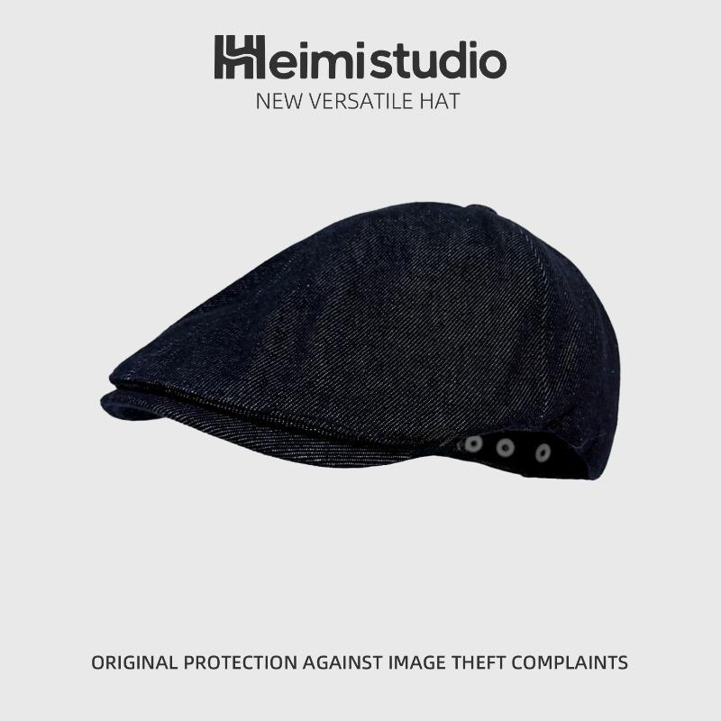 Vintage Navy Blue Denim Forward Hat Women's Cap with Top Buckle Niche Newsboy Hat Painter Hat
