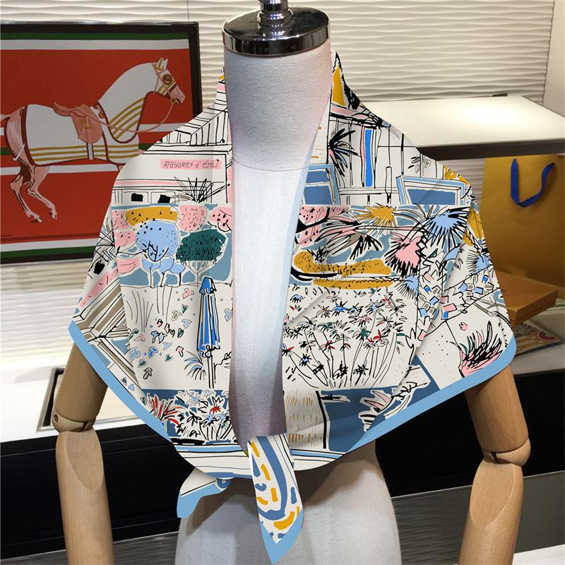 Silk Scarf Women Beach View Square Scarves Head Echarpes Silk Foulards Femme Wraps Beach Shawls Bandana Lady Hijabs 90CM