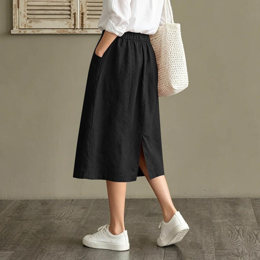 Women's Casual Vintage Loose Fit Midi Skirt with Pockets Elastic Waistband Button Front Design Comfortable Everyday Wear