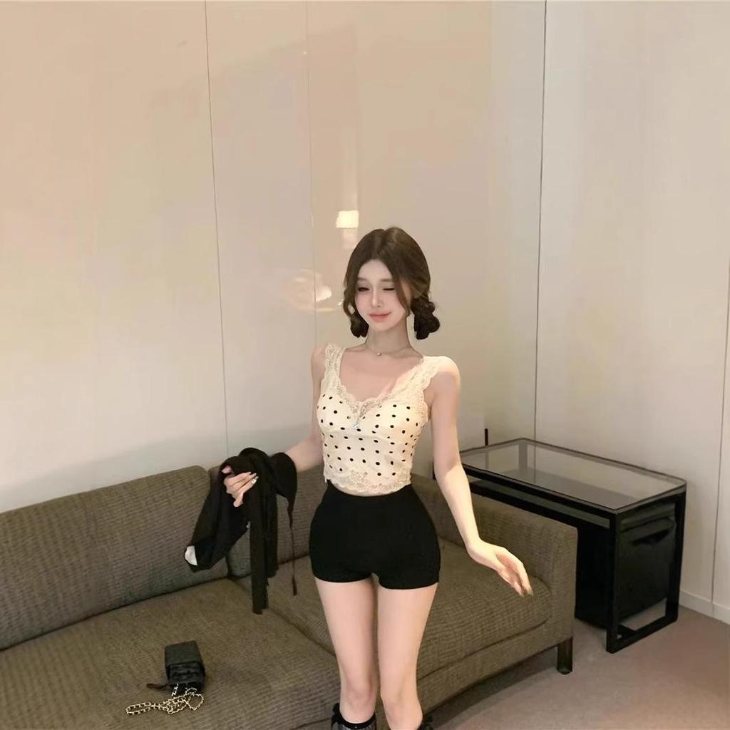 Women's French Polka Dot Lace Camisole - Summer Slim-Fit Sleeveless Top