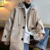 Yousheng Men Woolen Coat Hooded Drawstring Long Sleeve Single Breasted Jacket Coat with Large Pockets Long Windbreaker