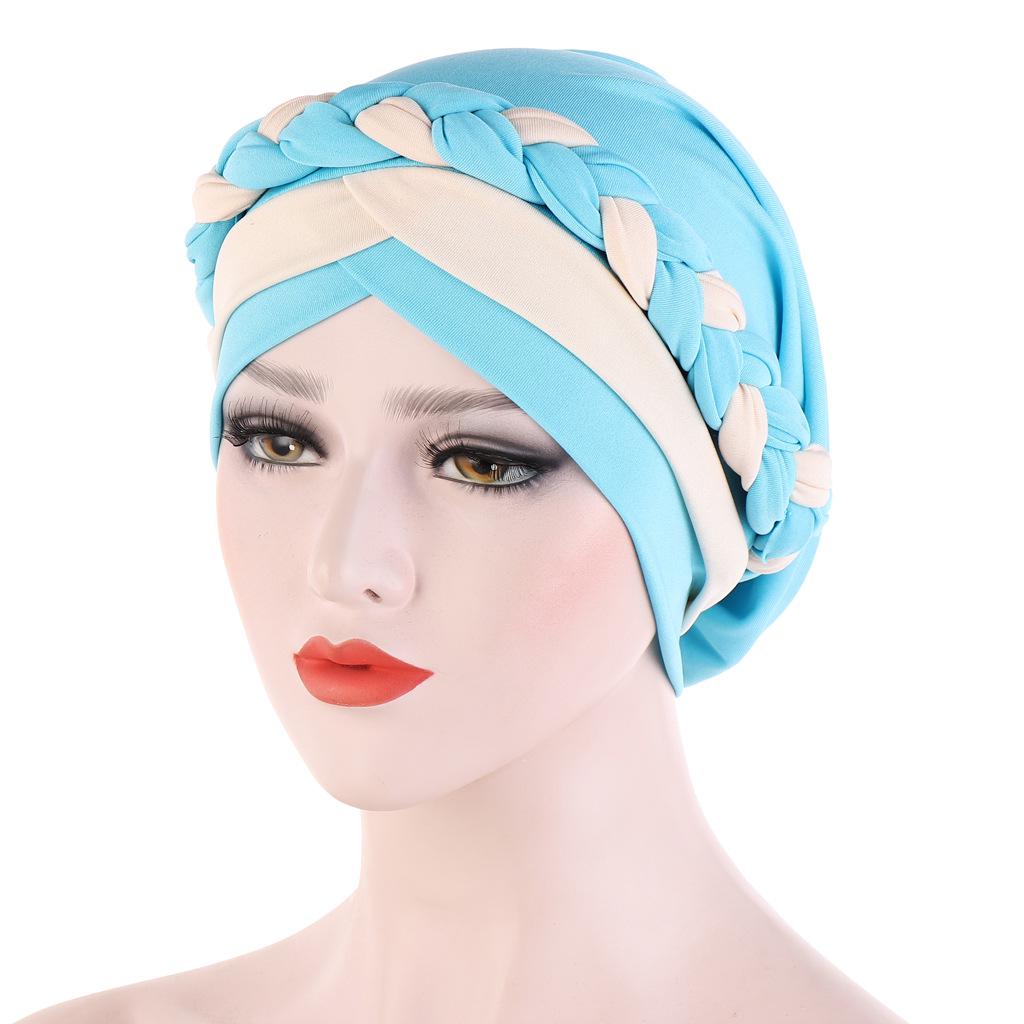 Two-Tone Patchwork Milk Silk Bandana Hat with Short Braid and Hidden Hair Wrap for Muslims