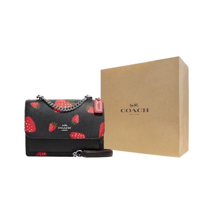 Coach Klare Series 18 Strawberry Print Chain Shoulder Strap Leather Accordion Mini Crossbody Bag Women Bags Black CH353-SVA47