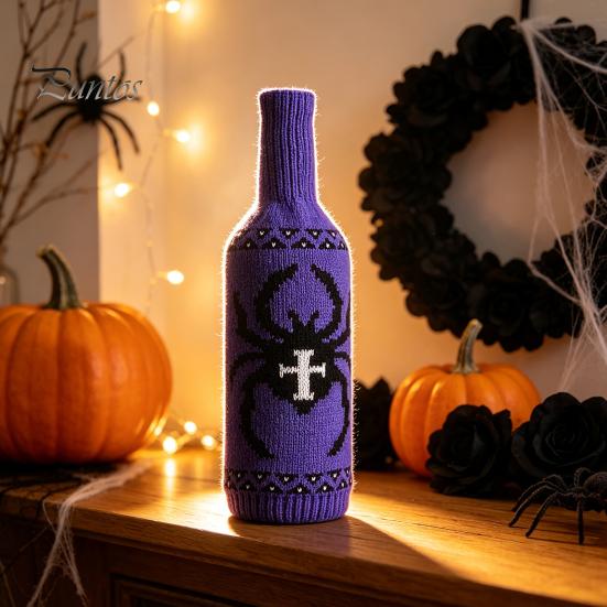 Spider Web Wine Decoration Halloween Bottle Sweater, Reusable Knitted Champagne Cover, Pumpkin Skull Cover Pattern Sleeve for Dining Room Table Decor
