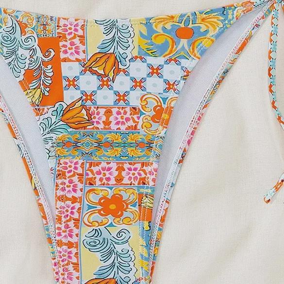 2024 Triangle Cup Printed Lace-Up Bikini Swimsuit for Women
