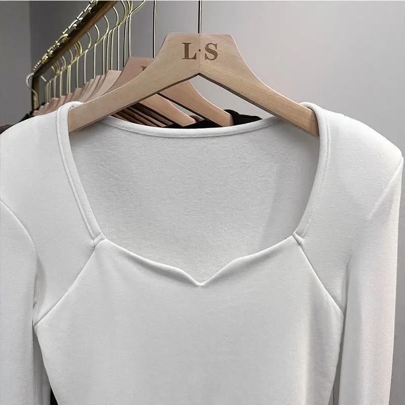 Autumn Winter Sanding Long Sleeve T Shirt Women's Plush Square Neck Short Warm Matte Autumn Clothing