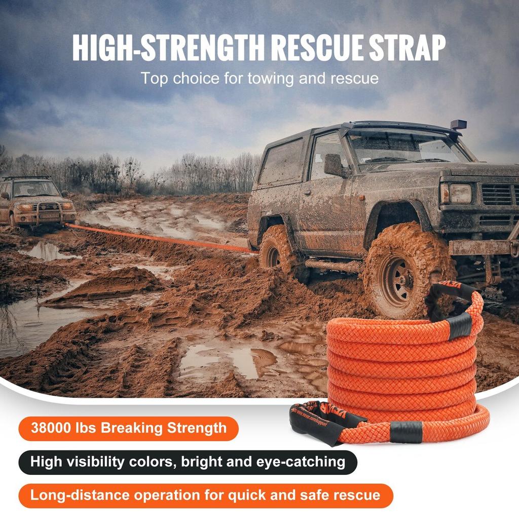 1" x 20' Kinetic Recovery Tow Rope 38,000 lbs, Heavy-Duty Off Road Snatch Strap, Extreme Duty 30% Elasticity Energy Snatch Strap for Jeep Car Truck