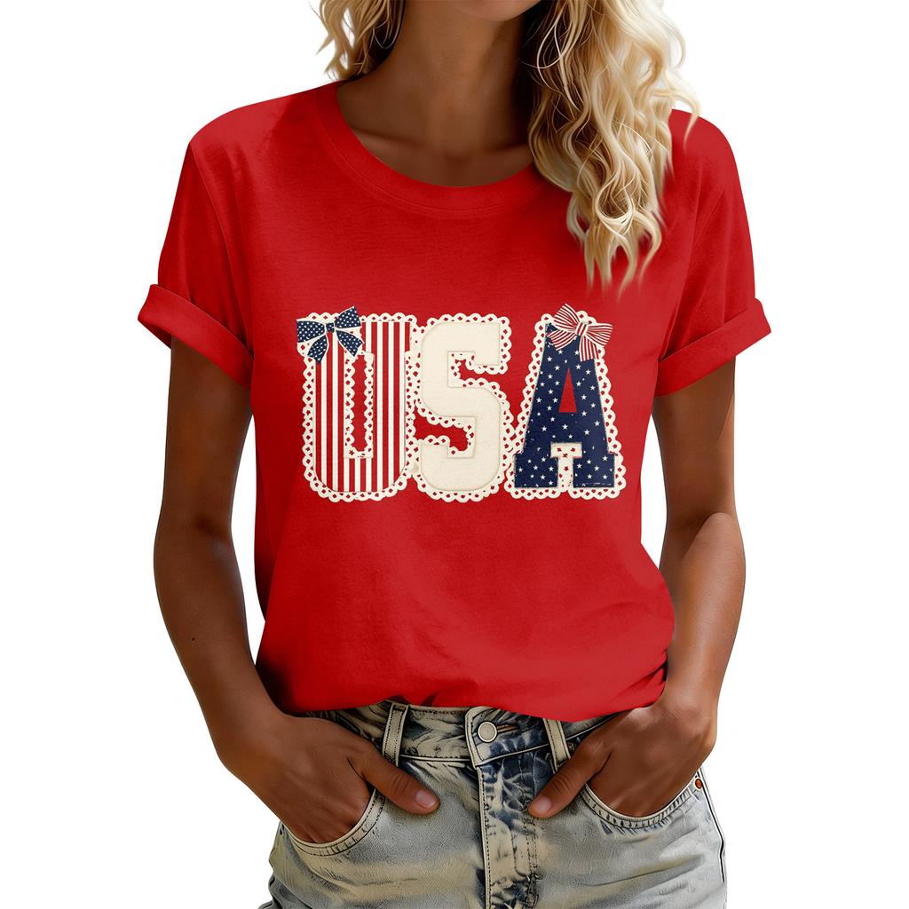 Women's American Floral Patchwork Print Casual T-Shirt 250Th Anniversary USA Shirt Patriotic Tshirt