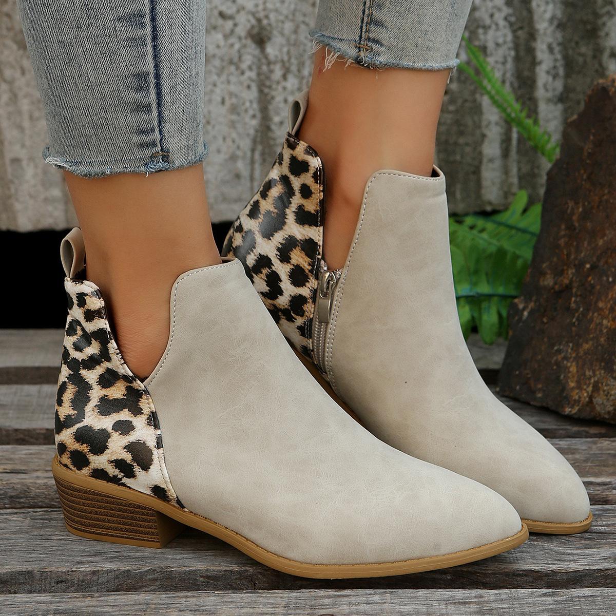 

Европейские и американские импортные короткие туфли на низком каблуке, подходящие по цвету, тонкие ботинки Martin, женские, большого размера, с леопардовым принтом, с заостренным носком, с застежкой-молнией сзади, модные, леопарды 36