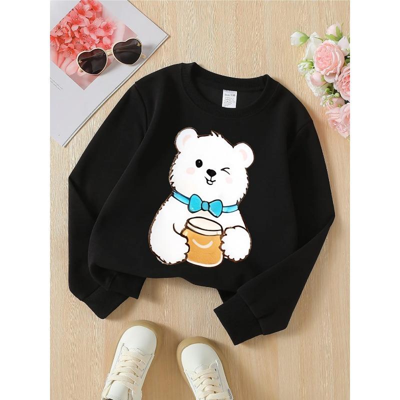 European Sizes Kids' Crewneck Sweatshirt - Cute Bear with Honey Jar And Bowtie , Sportswear And Casual Wear, Soft And Comfortable, Children's Clothing