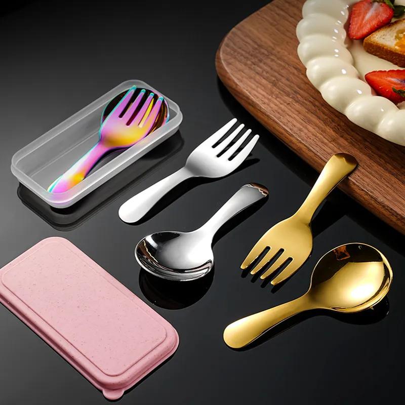 304 Stainless Steel Fork Spoon Set With Box Dessert Spoon Fruit Fork Outdoor Picnic Camping Travel Compact Mini Portable Tableware Set YLE209