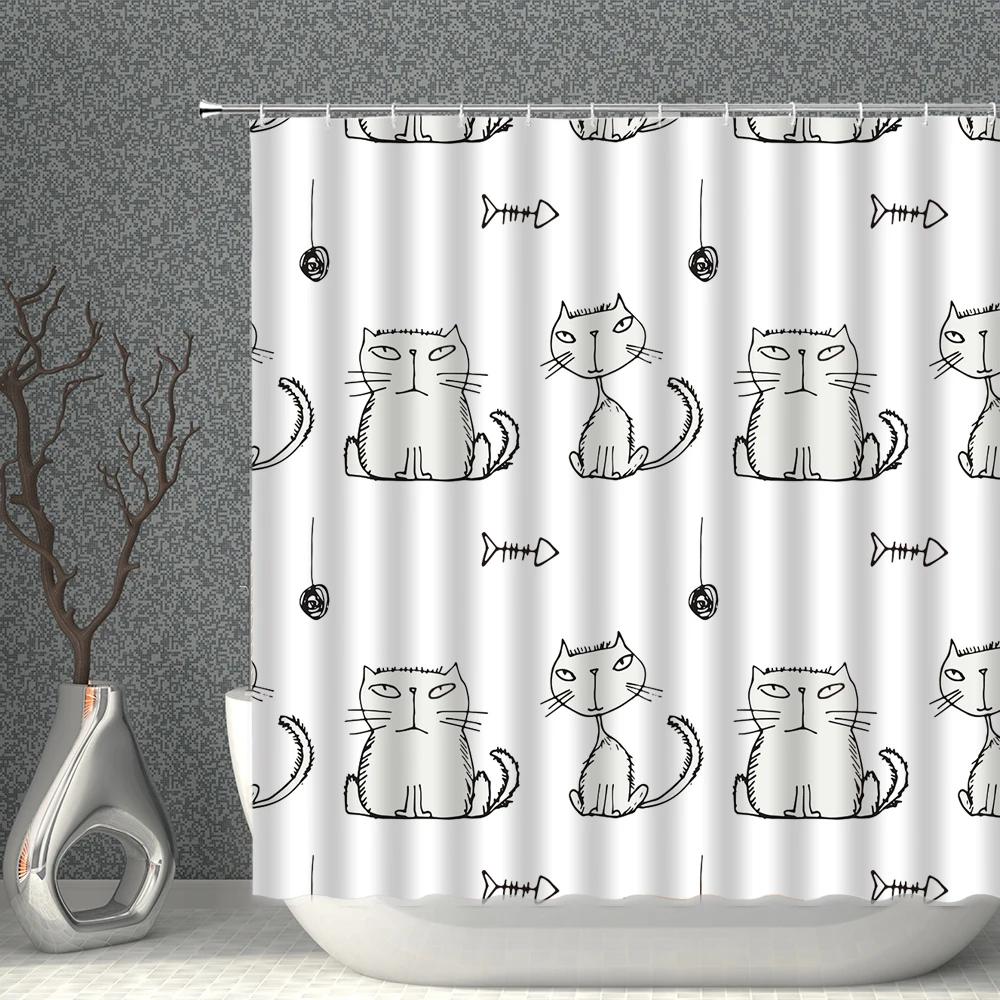 Cartoon Cat White Shower Curtain Waterproof Pattern Print Polyester Bath Curtains Multi-Size With Hooks Bathroom Screen Decor