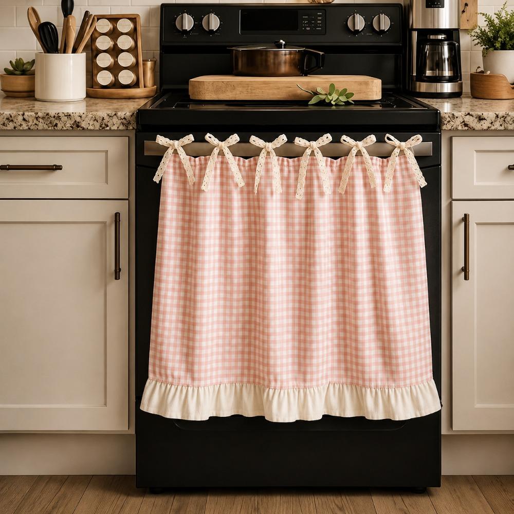 Cotton Linen Blend Bow Tie Oven Cover Curtain Coffee Machine Half Curtain Farmhouse Kitchen