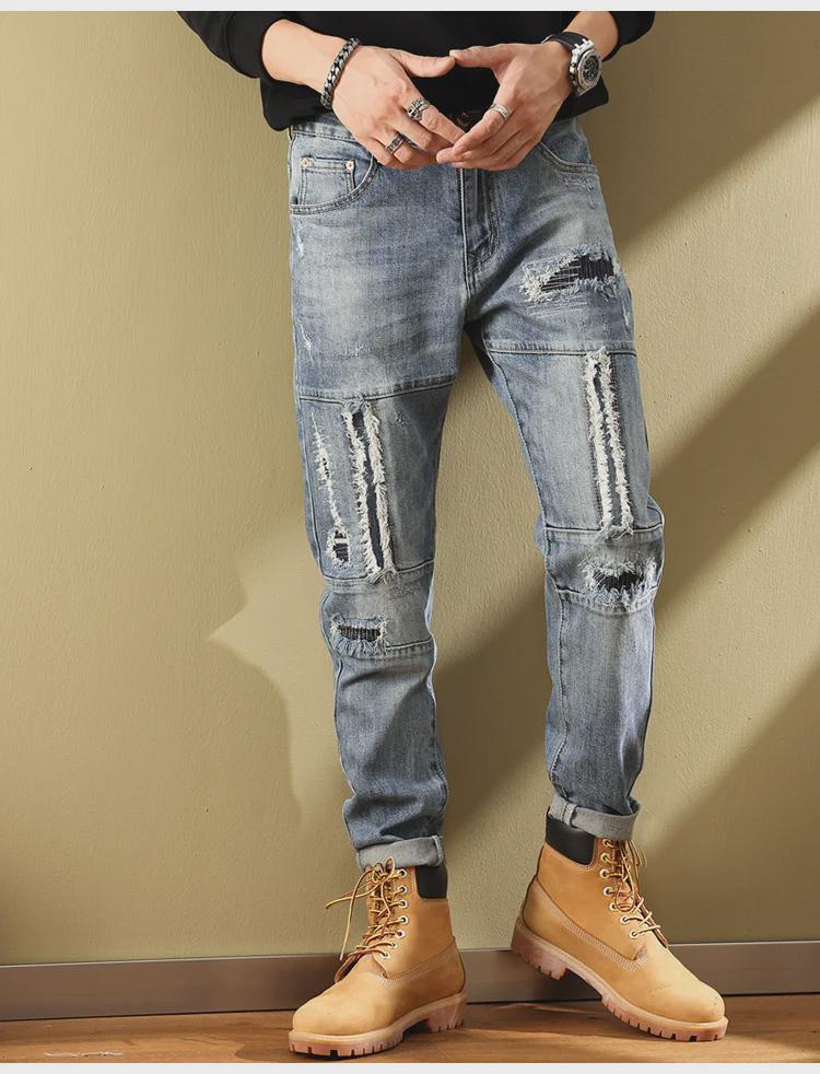 Men's Trendy Slim-Fit Ripped Skinny Jeans with Elastic Fabric and Stitched Patches