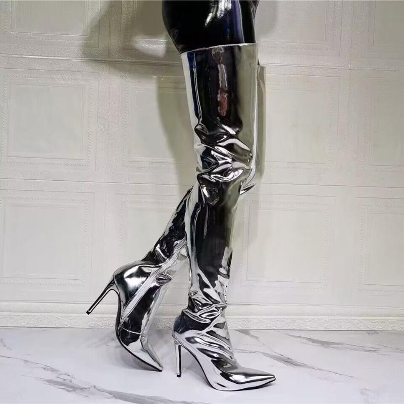 Autumn and Winter New Nightclub Hate Sky High Stiletto Knee Boots Sexy Pointed Side Zipper Pole Dance Lady