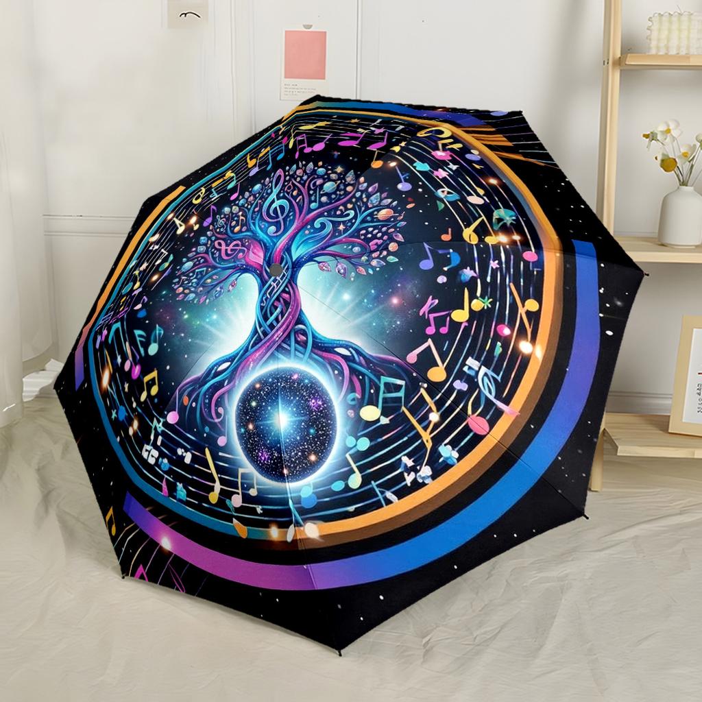 Music Tree Universe Automatic Umbrella Folding Umbrella with 8 Ribs Foldable Design Travel Essential Fashionable Accessory
