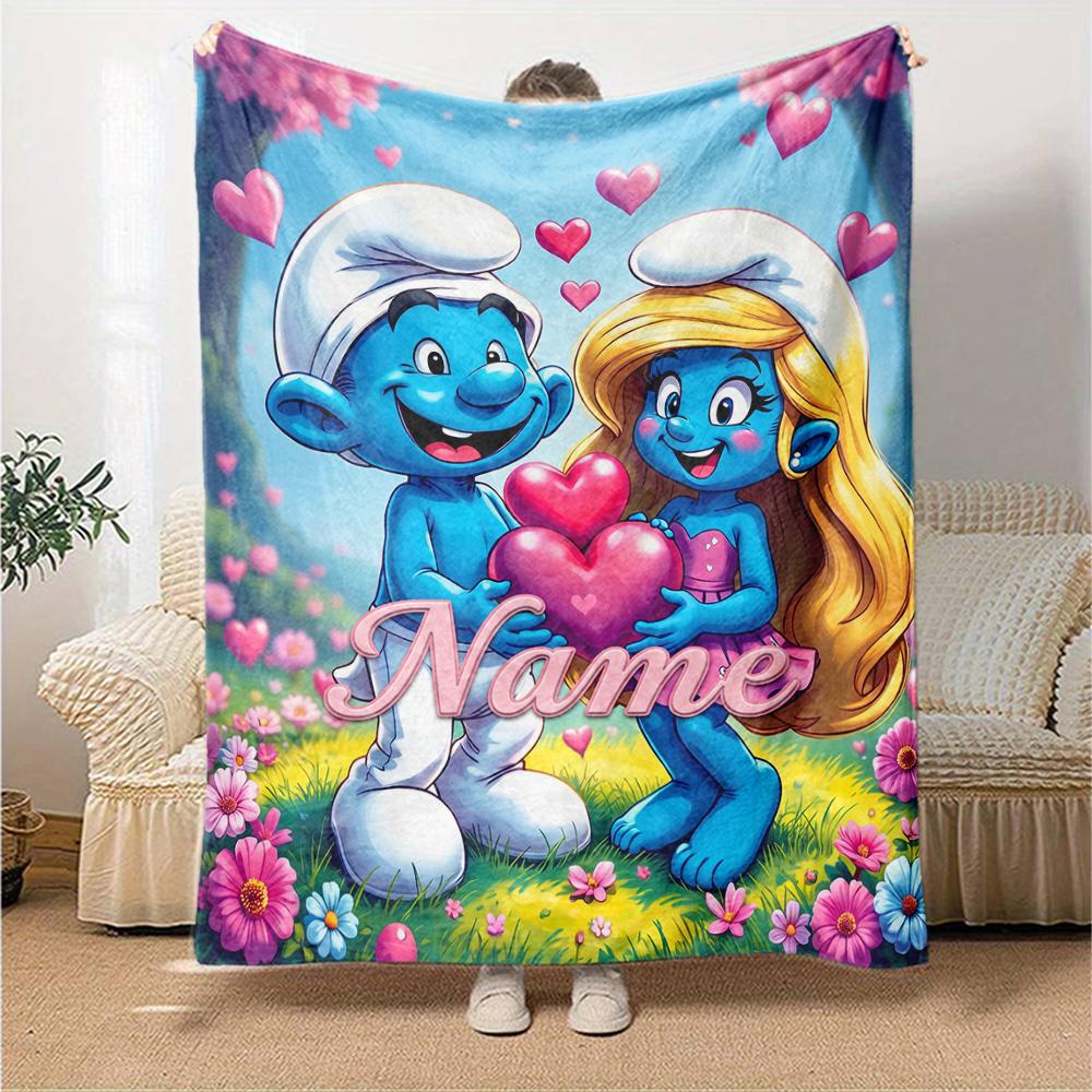 Custom Name Smurfs Theme Printed Blanket Perfect For Couch Bed Travel Outdoor Use Machine Washable Cozy Durable