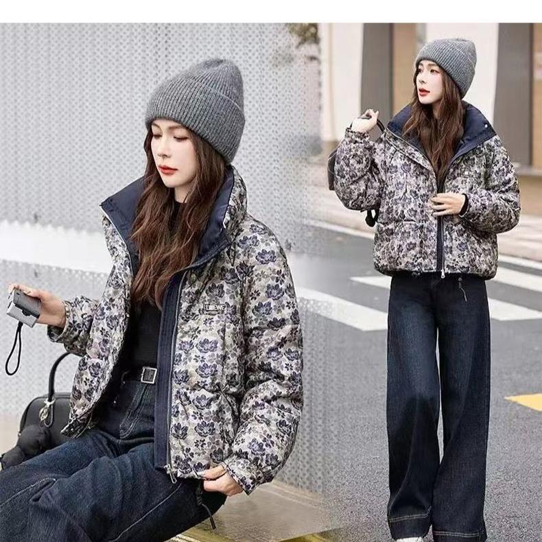 Winter Baumwolljacke Kurzer Steppmantel Stehkragen Locker Streetwear Bedruckt Mode Oberbekleidung
