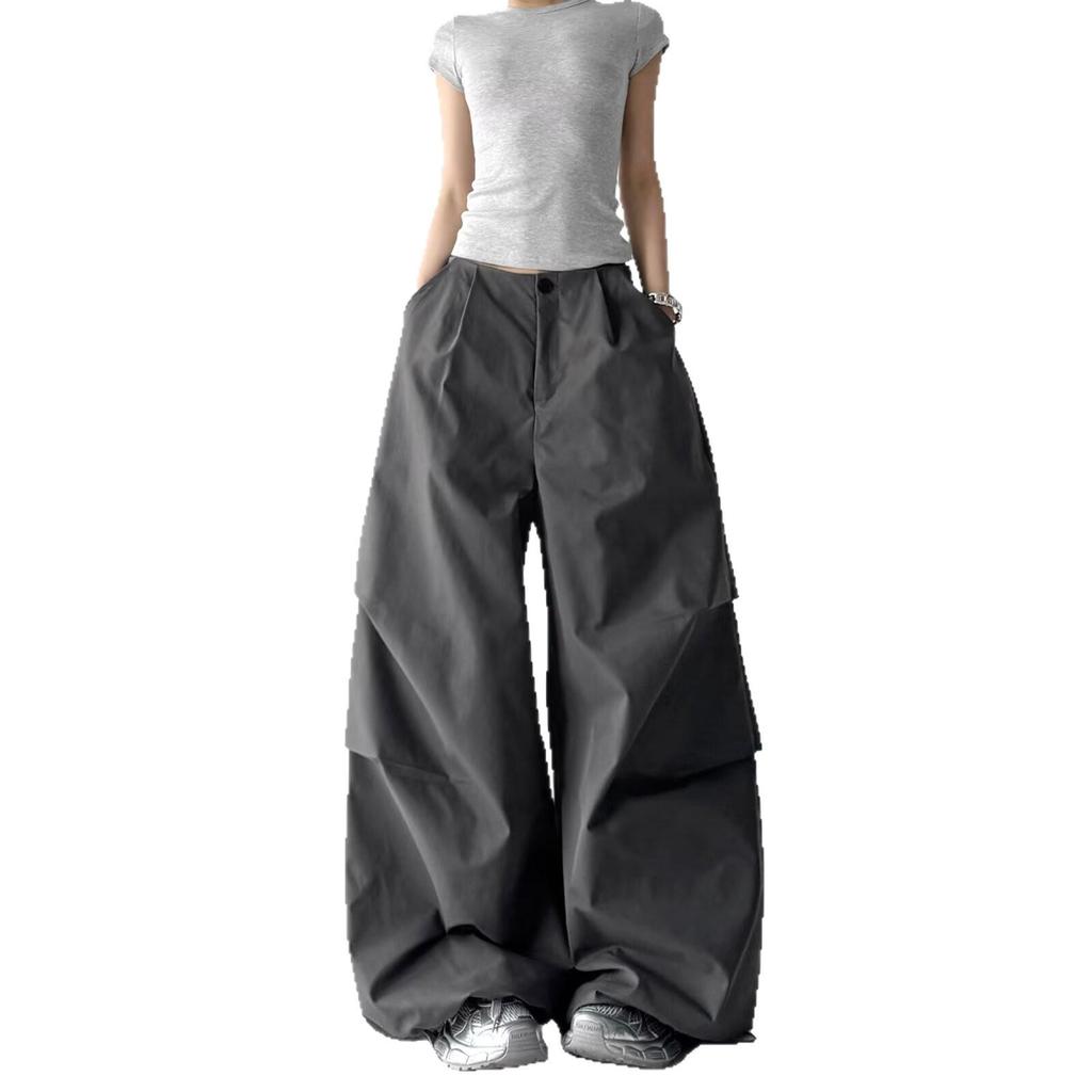 Women's Gray High-Waisted Wide-Leg Workwear Pants - Loose, Slimming, Casual Straight-Leg Parachute Style for Early Spring 2026