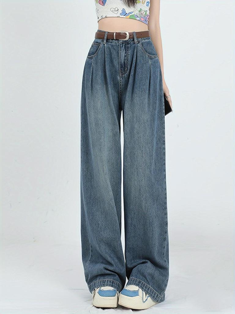 Einfache Retro-Stil Loose Fit Jeans mit Falten und Schrägtaschen Denimhosen ohne Gürtel Damenjeans & Kleidung