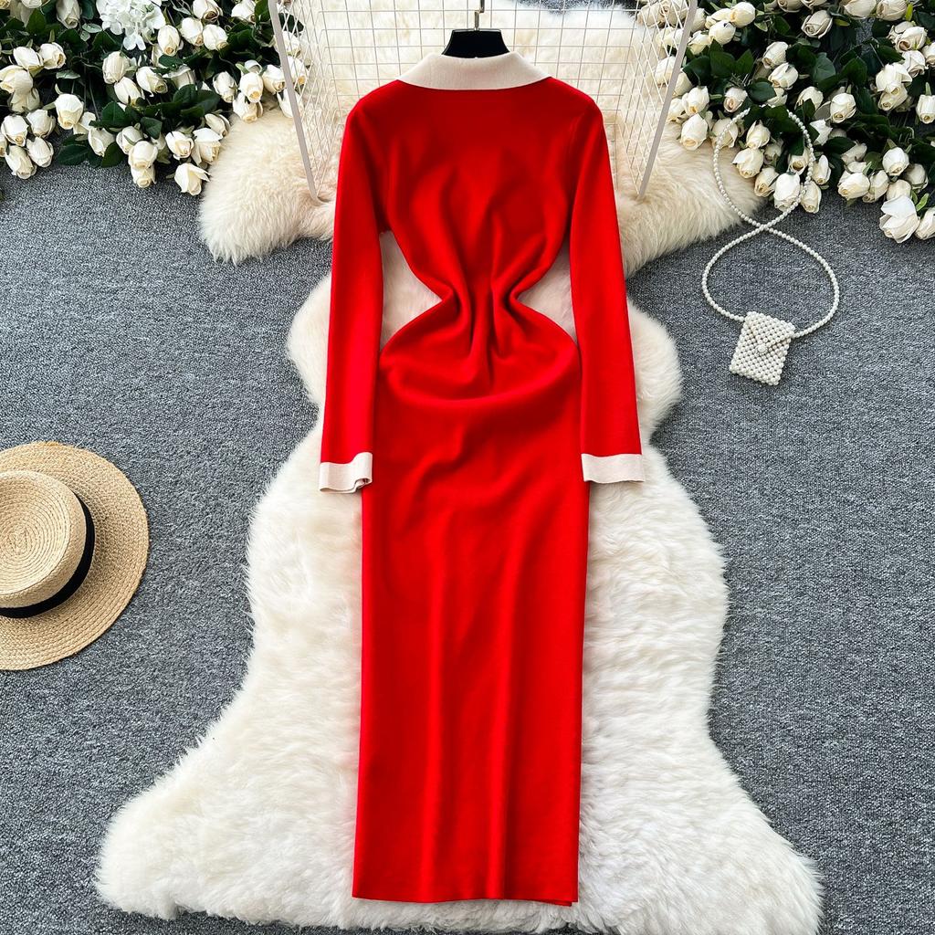 Women's French Retro Color Clashing Lapel Single-breasted Waist Temperament Split Knee-length Knit Dress