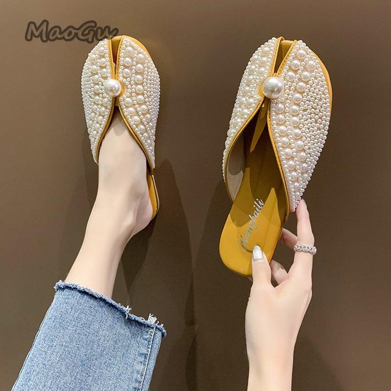 Fashion 2025 Women Summer Fashion Footwear Pearl Fairy Style Flat Soft Bottom Mules Slip On Cover Toe Slides Zapatos De Mujer Size36-40