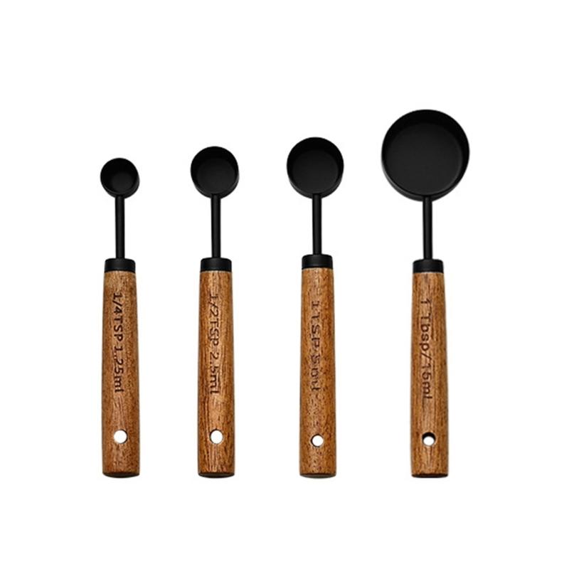 Set of 4 Baking Tool Set Stainless Steel Measuring Cups Measuring Spoons Wood Handle Kitchenwares for Baking Cooking