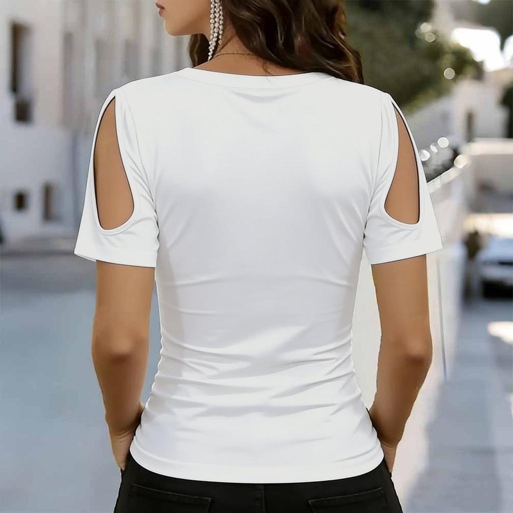 Women V Neck Cold Shoulder Blouse White Country Rock Letter Leopard Stripe Print Short Sleeve Top