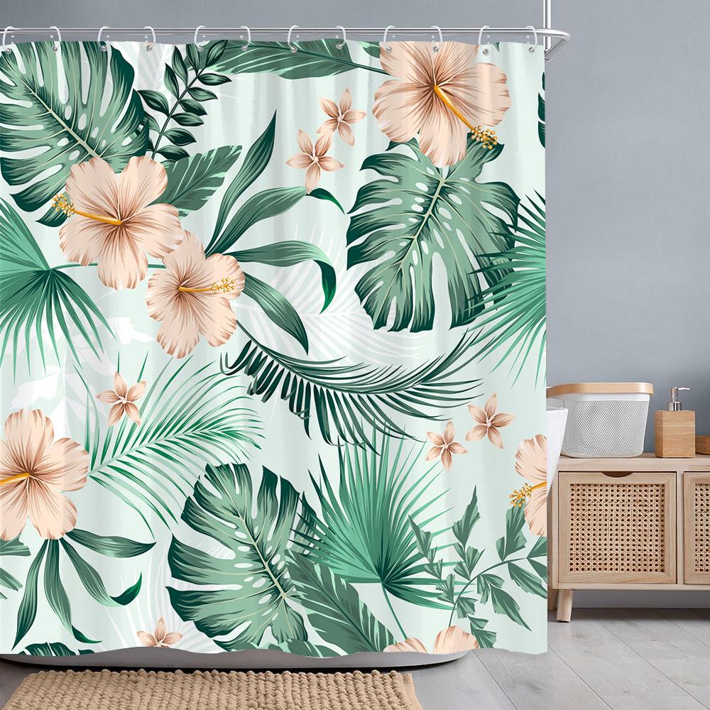 Tropical Botanical Flower Shower Curtain Beige Green Palm Leaf Flower Scandinavian Decor Bathroom Polyester Shower Curtains Set