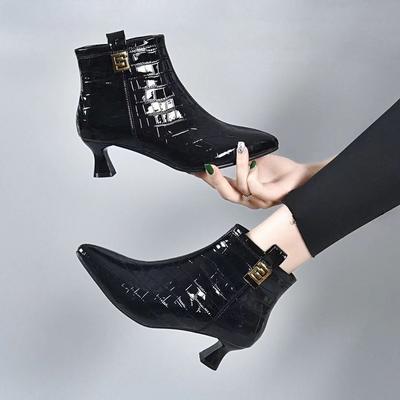 Kitten and Short Boots Women's Soft Leather Thin Heels Pointed Ankle Boots Women's Autumn and Winter Velvet Fashion Boots Women's Low Heels