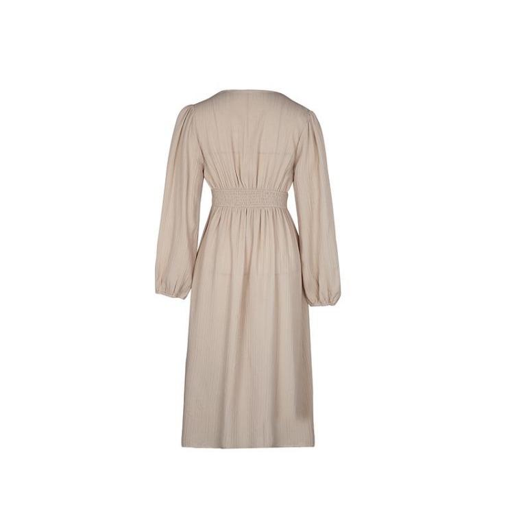 Elegantes Damen Chiffonkleid Hohe Taille A-Linie Knielang V-Ausschnitt Langarm Unifarben Herbst Winter