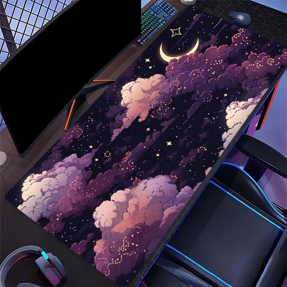 Gaming Mouse Pad Purple Cloud Starry Moon Sky Large Desk Mat Non Slip Rubber Lock Edge Extended Keyboard Computer Laptop Office